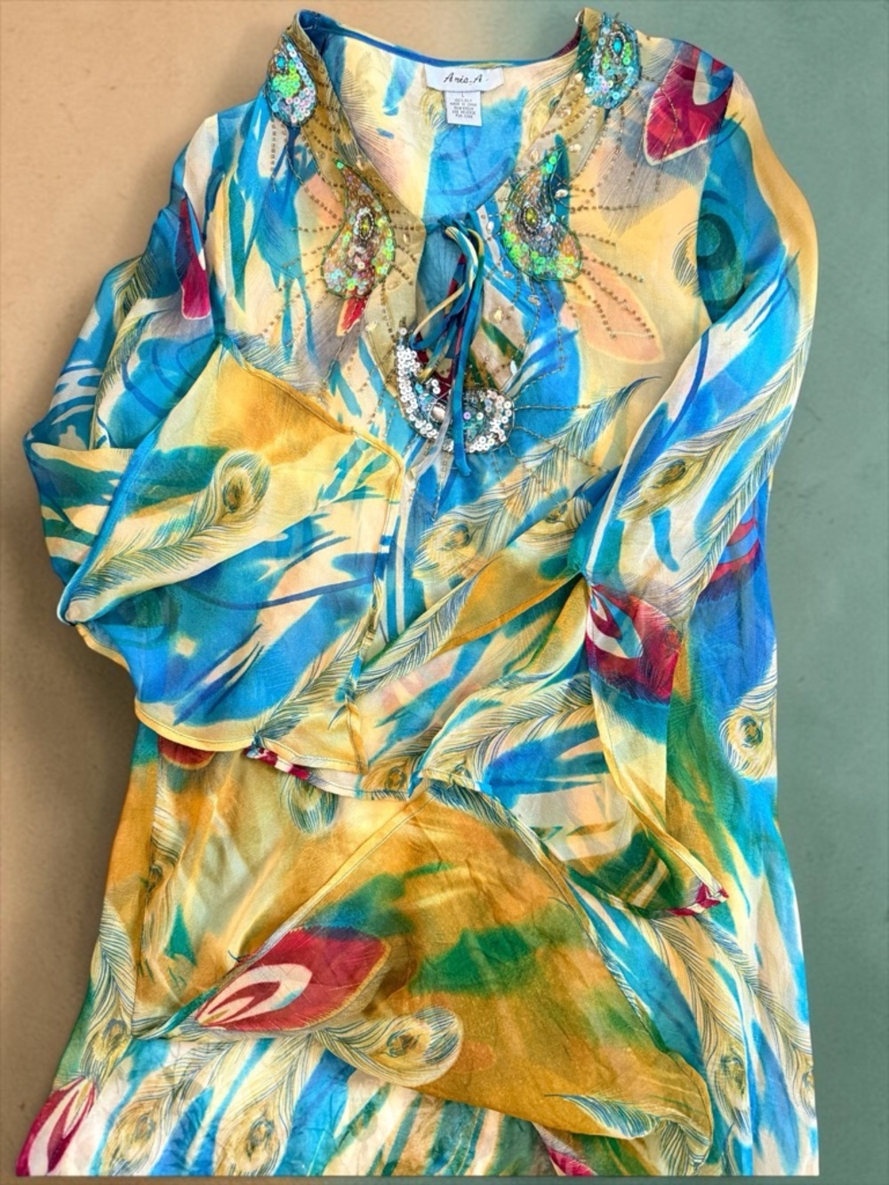 Vintage Anis A 100% Silk Tunic Dress L Beaded Feather Print Boho Resort Luxe - Picture 11 of 14